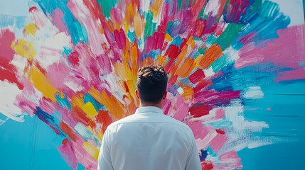 Rear view of person in white shirt admiring large, radiant abstract mural bursting with explosion of vibrant, colorful brushstrokes and creative energy