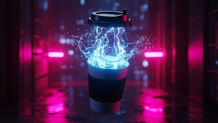 Neon coffee splash in a cyberpunk setting with glowing blue liquid