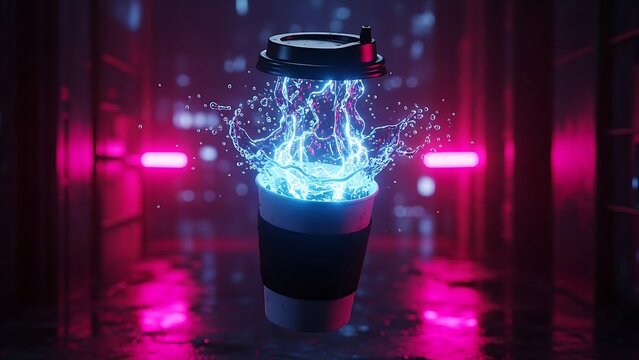 Neon coffee splash in a cyberpunk setting with glowing blue liquid