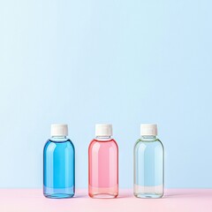 Three colorful bottles with different colored liquids are lined up on a pink surface against a blue background, creating a minimalist and clean aesthetic.
