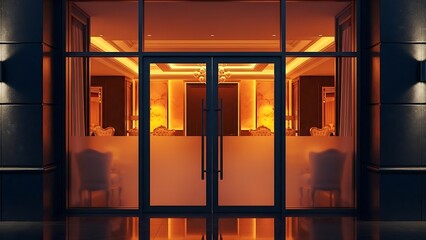 Luxurious Modern Lobby Entrance with Warm Lighting at Night