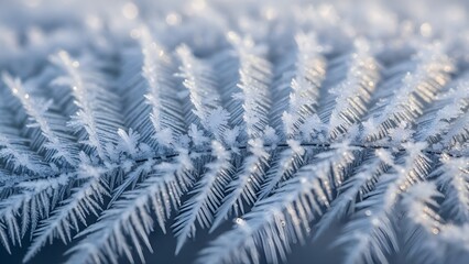 Closeup of frosty feathery ice crystals arrayed linearly with light reflecting off crystalline structures