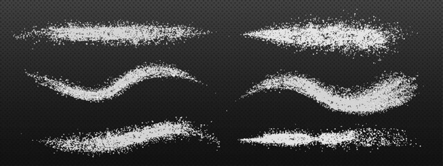 Fototapeta premium Sugar or salt splash set isolated on transparent background. Vector realistic illustration of white powder particles sprinkled on surface in wavy lines, cooking ingredient, food seasoning texture