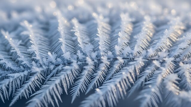 Closeup of frosty feathery ice crystals arrayed linearly with light reflecting off crystalline structures
