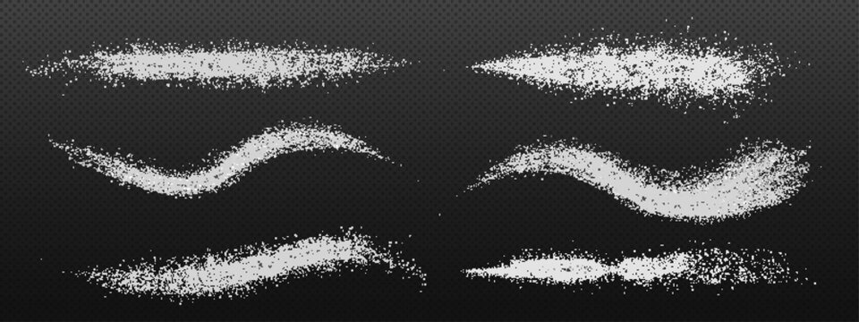 Sugar or salt splash set isolated on transparent background. Vector realistic illustration of white powder particles sprinkled on surface in wavy lines, cooking ingredient, food seasoning texture