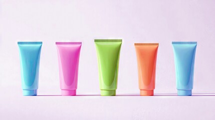Five colorful cosmetic tubes are arranged in a row against a light pink background. The tubes are in shades of blue, pink, green, and orange.