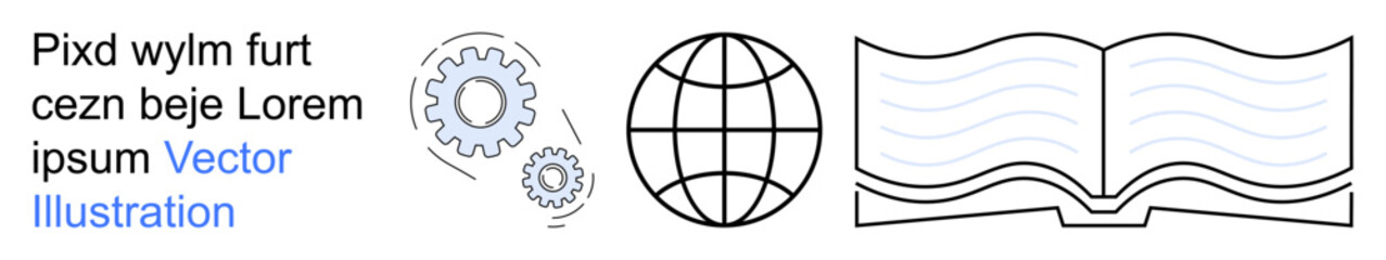 Education, technology, global connection, knowledge sharing, digital solutions, learning platforms. Gears, globe open book elements visible. Education and technology concept