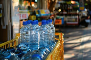 Refreshing water bottles waiting for customers in a yellow crate outside a store on a sunny day