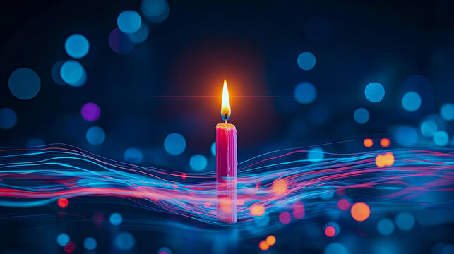 Vibrant pink candle flame radiating warmth and hope amidst mystical dark blue background, intricately woven with dynamic blue and red light trails and glowing bokeh