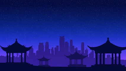 Silhouetted traditional asian pagodas stand against a starry night sky overlooking a modern city skyline