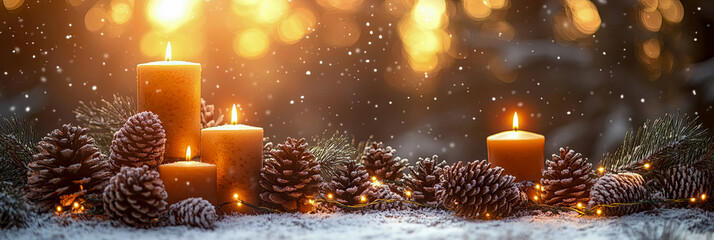 Festive winter panorama showcasing multiple lit candles, frosted pinecones, and evergreen boughs intertwined with sparkling fairy lights on snowy ground, bathed in soft glow of background bokeh and fa