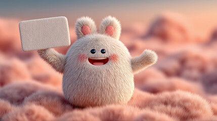 Cute Fluffy 3D Character Holding Empty White Sign. Happy Cartoon Mascot with Blank Card Mockup