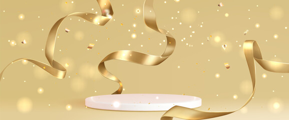 Luxury 3d podium with flowing golden ribbon and confetti. Premium elegant circular platform stage for cosmetic product presentation with soft curves, shimmering ribbons and award ceremony decor.