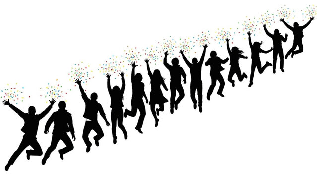 A diverse group of silhouetted people joyfully leaping into the air amidst a vibrant cascade of colorful confetti celebrating a moment of pure elation and freedom