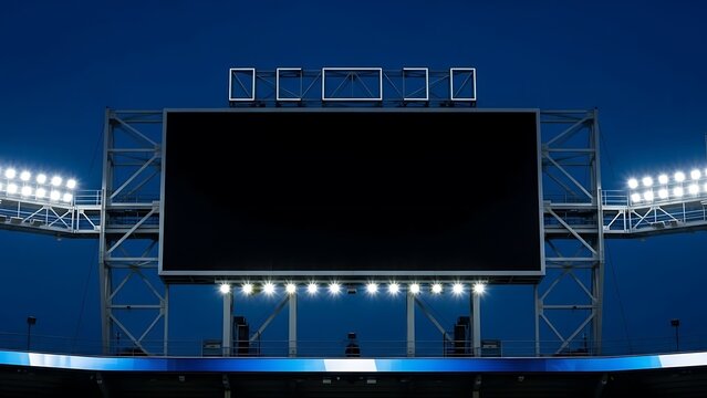 Large blank scoreboard at a stadium at night with bright floodlights.