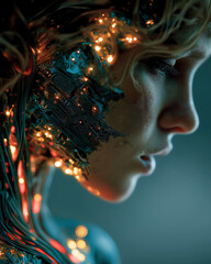 Futuristic Cyborg Woman Profile with Glowing Digital Circuit Skin. Artificial Intelligence Concept
