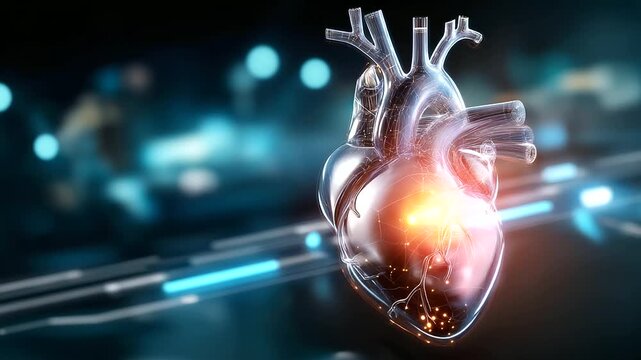 Futuristic metallic heart, human organ visualization, technological medical display, cardiovascular innovation concept, advanced healthcare imagery, biomedical engineering focus, r