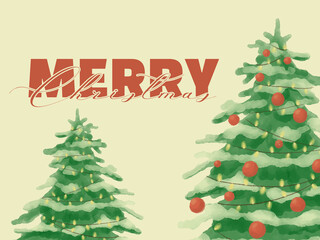 Watercolor Christmas tree greeting card with festive handwritten Merry Christmas text. Part of a festive watercolor Christmas and New Year card illustration set.