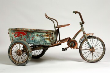 Fototapeta premium Studio shot of an antique tricycle with a cargo area, exhibiting rust and peeling paint, evoking a sense of nostalgia and age