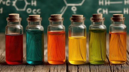 Row of Glass Bottles with Colorful Chemical Liquids on Green Chalkboard Background. Science and Pharmacy Concept
