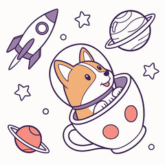 Playful Amused Corgi design, styled with in a teacup and Cosmic Pastels shades in a Space explorer setting