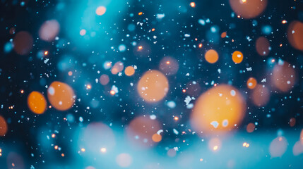 Beautiful abstract background of falling snowflakes and shimmering golden bokeh lights against mystical blue winter night backdrop