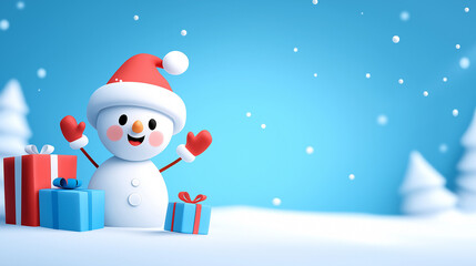 Smiling snowman in a Santa hat surrounded by Christmas presents in snowy landscape