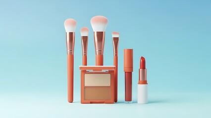 Set of makeup products and beauty tools on a light blue background.
