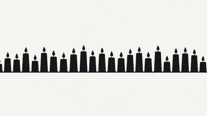 A horizontal line of black silhouette candles with flickering flames stands against a plain white background creating a festive or memorial atmosphere