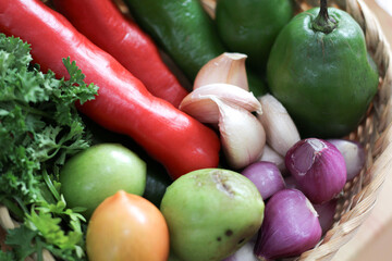 Fresh Asian Cooking Ingredients – Chili, Garlic, Onion and Herbs in Basket