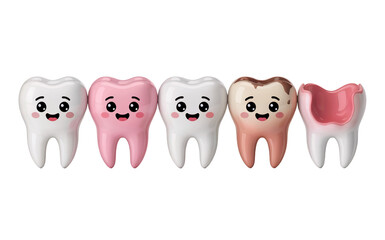 Five cartoon teeth with different expressions and conditions