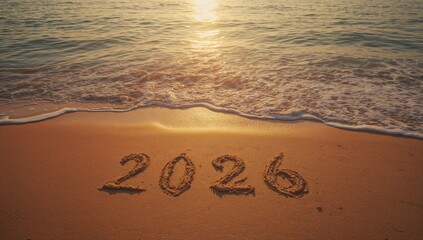 Golden sunrise paints 2026 on the beach sand, promising new beginnings and joyful holidays by the sea, inviting dreams of travel and adventure