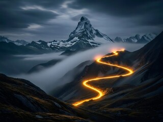 Glowing Golden Path Winding up a Dark Mountain Peak with Snowy Summit and Dramatic Clouds. Success, Journey, Challenge, Ambition, Technology, Data Flow, and Concept of The Way