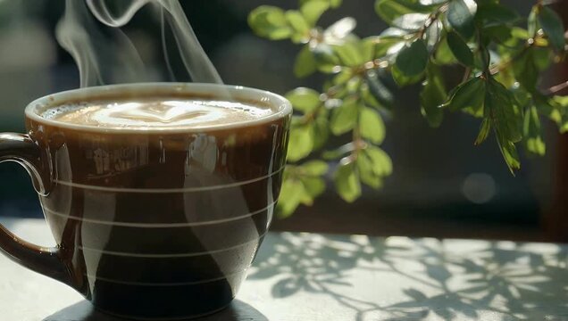 Relaxing 4K side view video showcasing a cup of hot coffee with visible steam or smoke gently floating above the cup creating a tranquil scene related to relaxation leisure and a pleasant morning