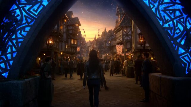 Woman walking under ancient glowing rune archway into vibrant medieval fantasy city at twilight, magical atmosphere, city entrance footage