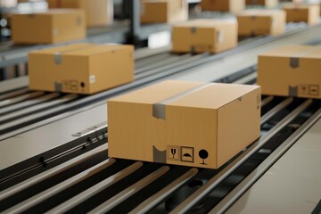Cardboard boxes moving on a conveyor belt inside a distribution warehouse or factory