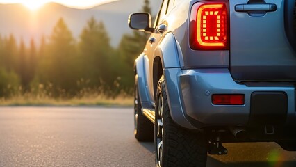 Rear view of an off-road vehicle driving on a road at sunset.