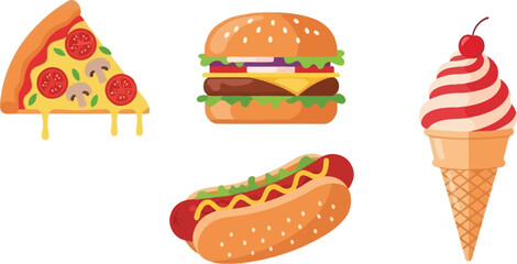A colorful illustration featuring pizza a burger hotdog and ice cream