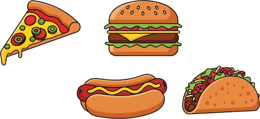 A colorful assortment of fast food items including pizza burgers hotdogs and tacos