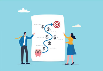 Financial planning, investment growth strategy or money management for retirement goal, budget or expense analysis to reach financial goal, people planning with piggy bank strategy to reach target.