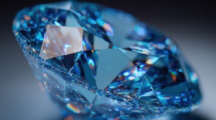 Intricate blue gemstone surface with faceted geometry under soft lighting