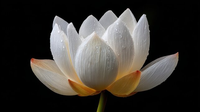 Intimate white lotus flower in close-up, with radiant petal texture against a black background