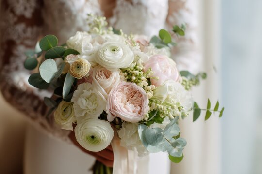 Intimate wedding bouquet close-up with ribbon and greenery