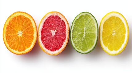 Isolated citrus slices arranged in a straight line for clean product photography