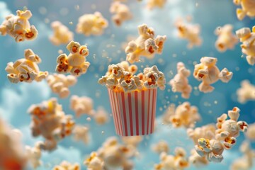 Popcorn exploding around a red and white striped carton against a bright blue background