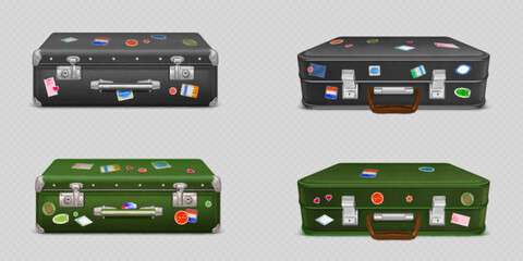 Naklejka premium Vintage leather suitcases set with colorful travel stickers - realistic 3d luggage set in black and green with metal clasps, brown handles, retro briefcase design and decorative stamps for tourism.