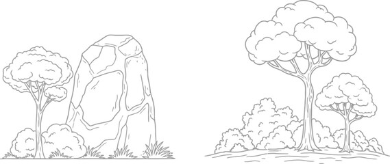 Hand drawn landscape sketch with trees and rocks in black and white