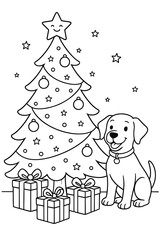 Fototapeta premium Dog with Gifts and Christmas Tree – Kids Coloring Page Line Art