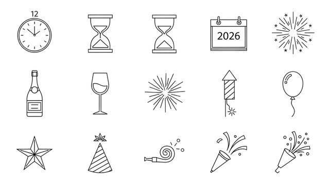 New Year's Eve celebration icons countdown timer, hourglass, calendar, champagne, fireworks, balloons, party hats, and noisemakers