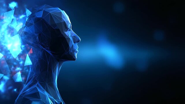 Polygonal human head, three-dimensional geometric, abstract face visualization, digital anatomy concept, low-poly medical display, technological healthcare imagery, minimalist desi